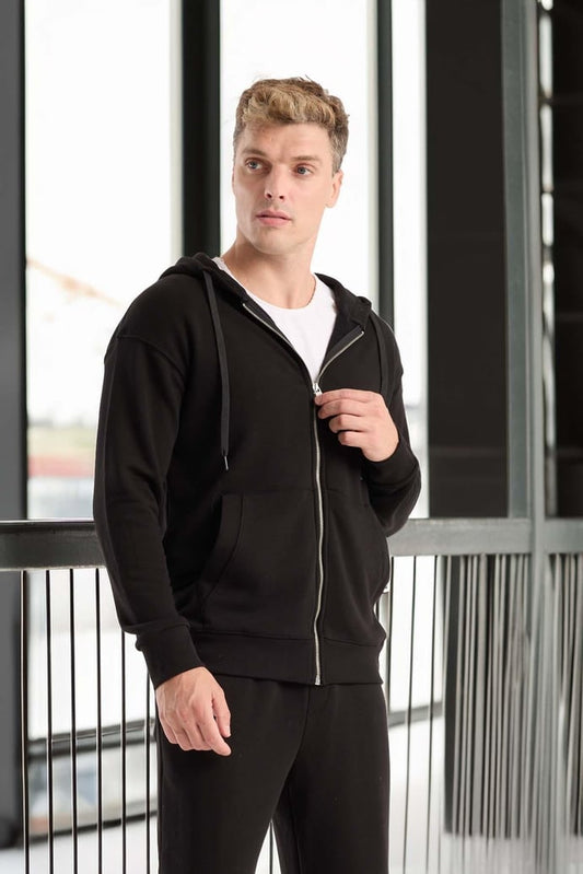 Regular Kalıp Diagonal 3 İplik Fermuarlı Kapüşonlu Erkek Sweatshirt - Siyah