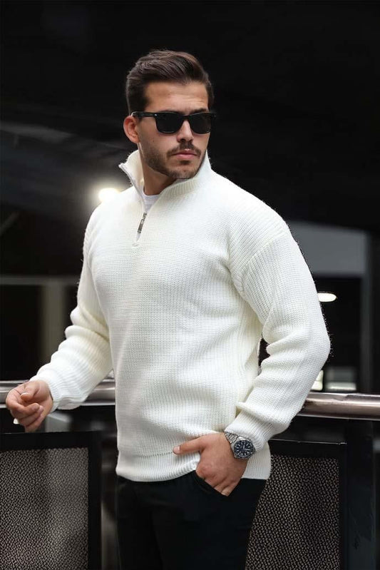 Kazak Oversize Selanik Örgü Yarım Fermuar Erkek Triko Kazak