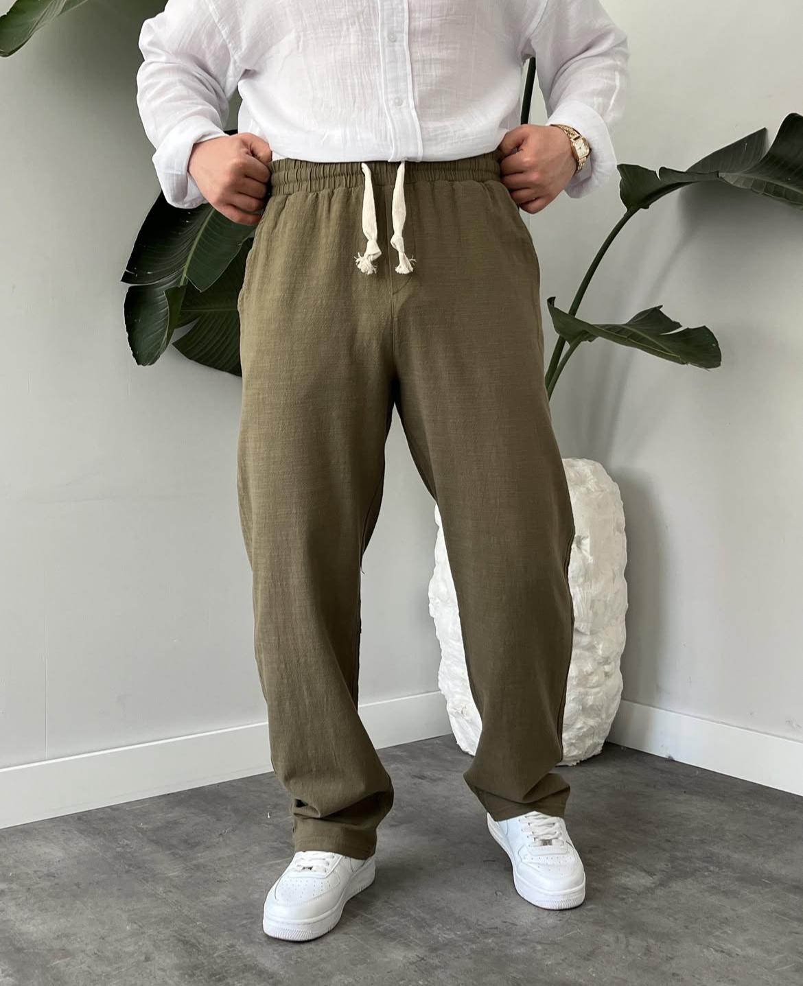 Baggy Fit Açık Bej Keten Pantolon