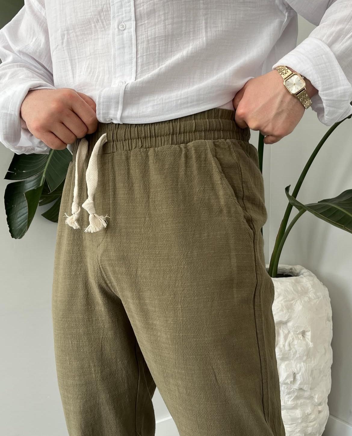 Baggy Fit Açık Bej Keten Pantolon