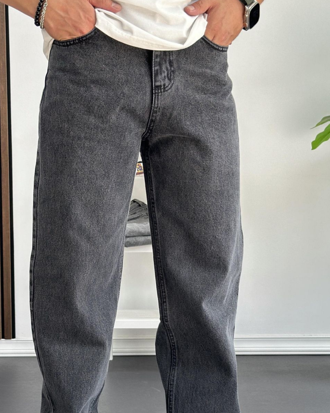 Antrasit Yıkamalı Baggy Fit Erkek Kot Pantolon