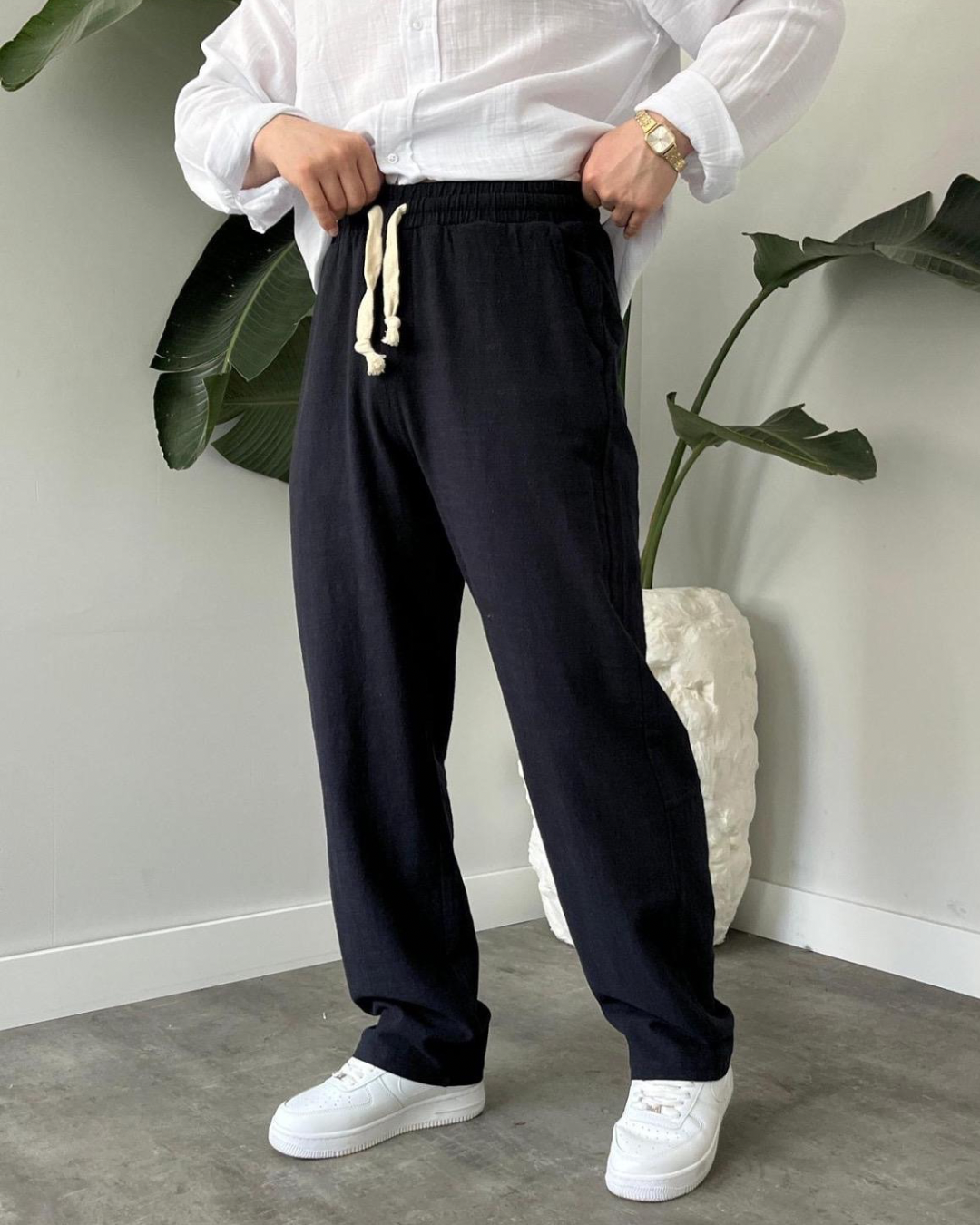Baggy Fit Haki Keten Pantolon
