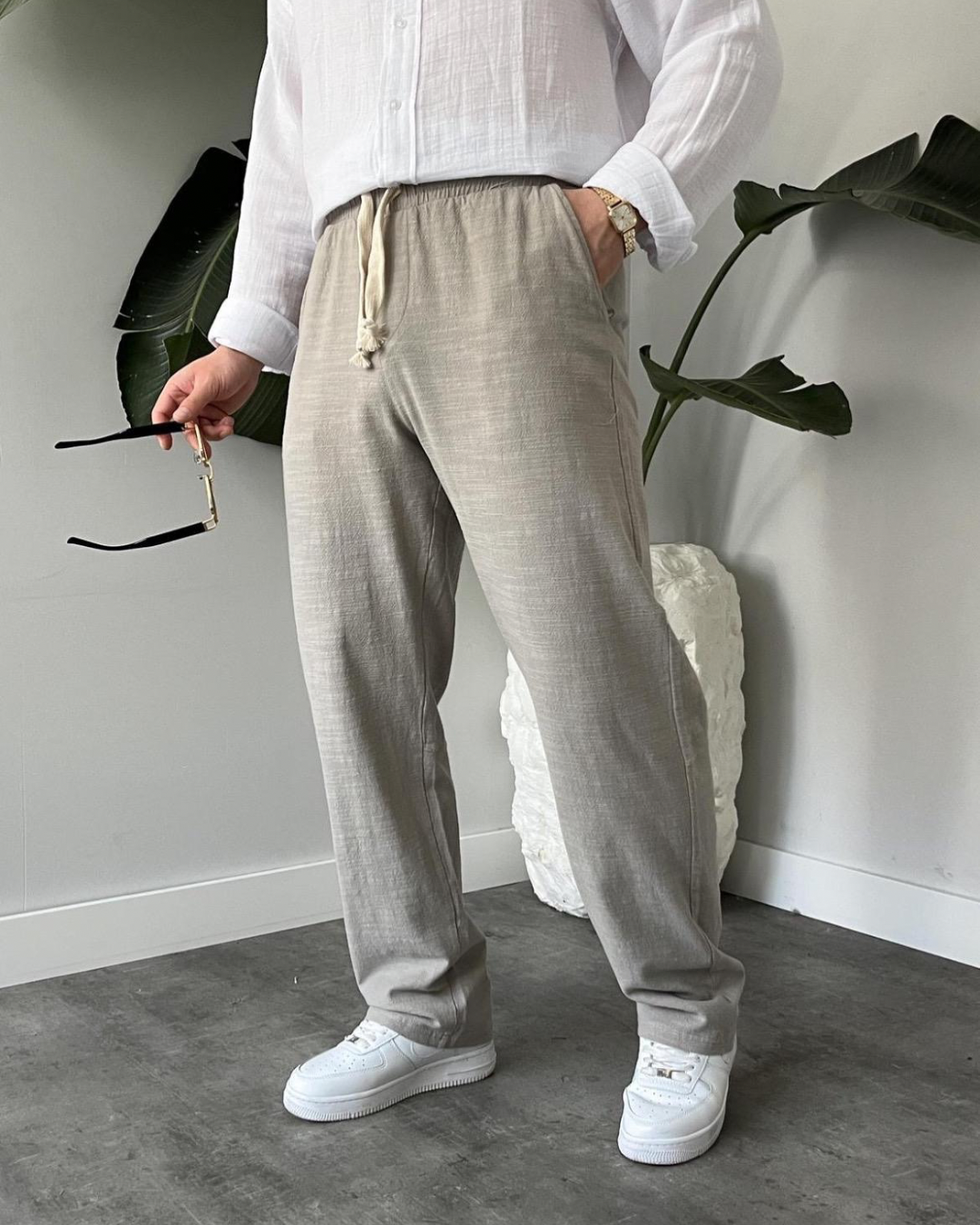 Baggy Fit Haki Keten Pantolon