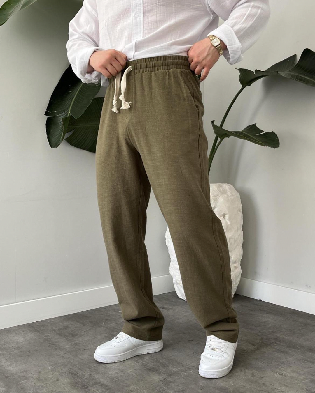 Baggy Fit Haki Keten Pantolon
