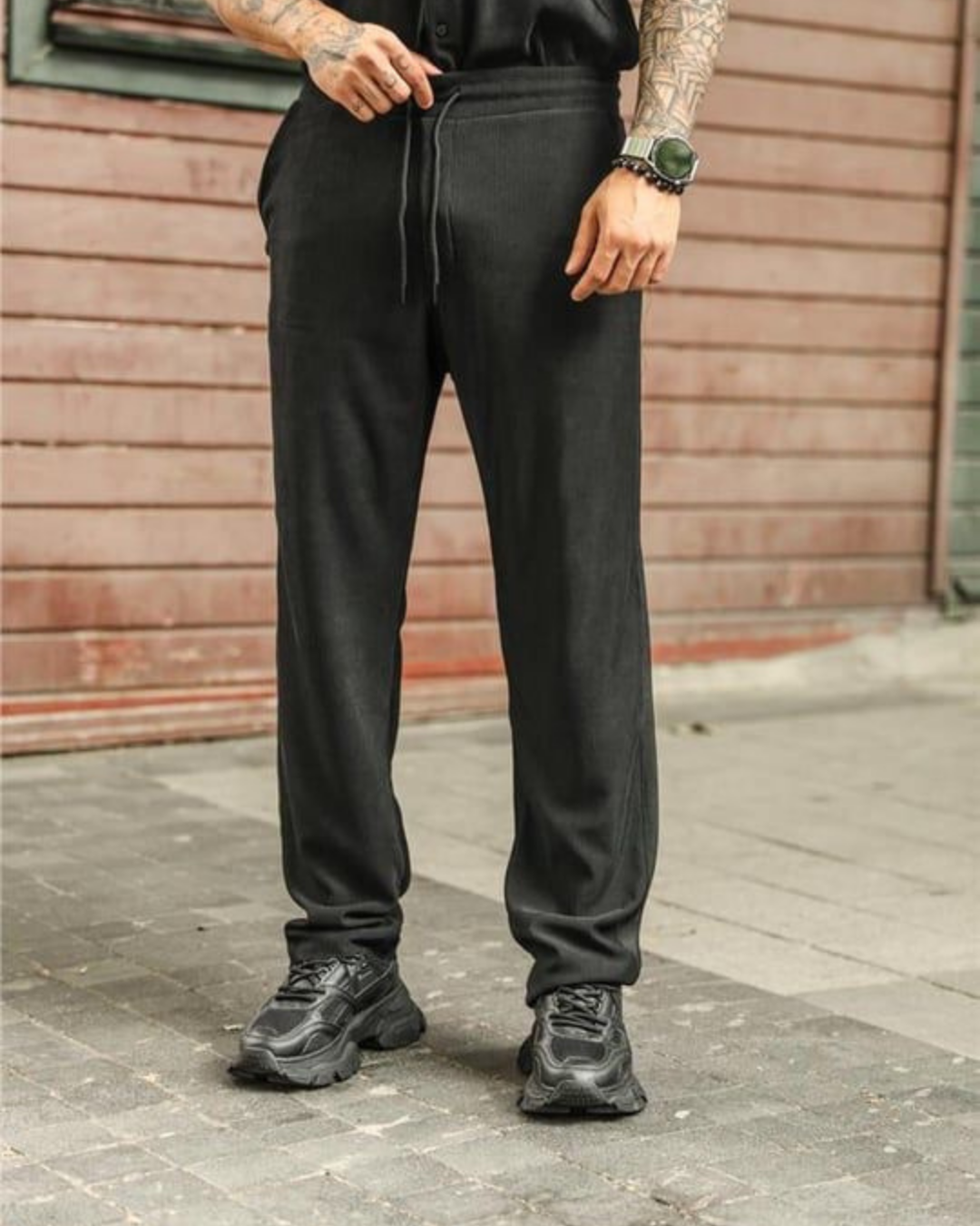 Gri Fitilli Kumaş Beli Bağcıklı Pantolon