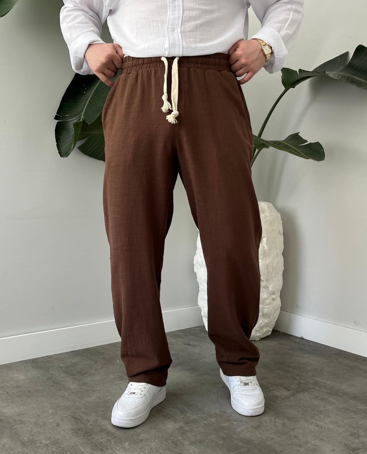 Baggy Fit Açık Bej Keten Pantolon