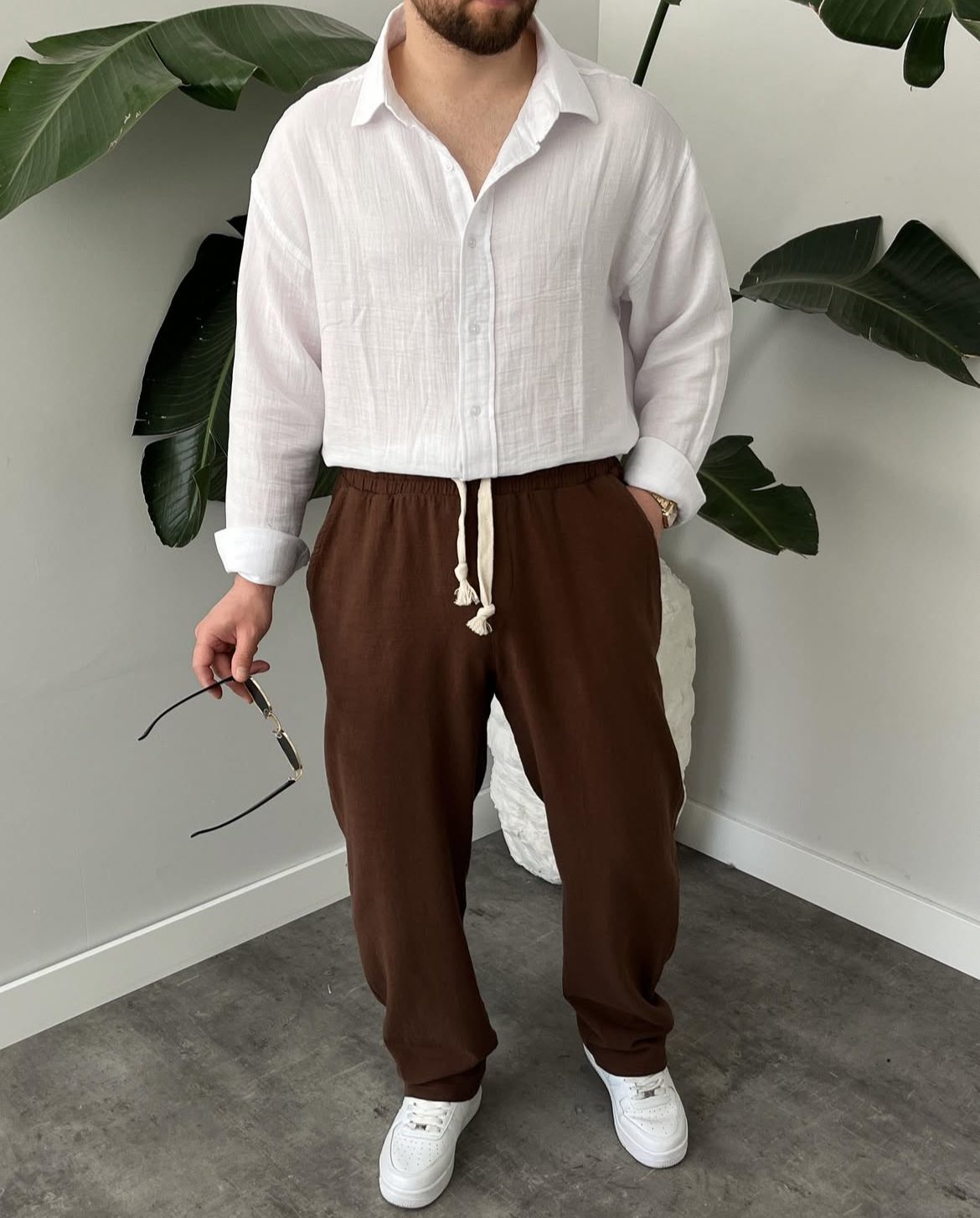 Baggy Fit Açık Bej Keten Pantolon