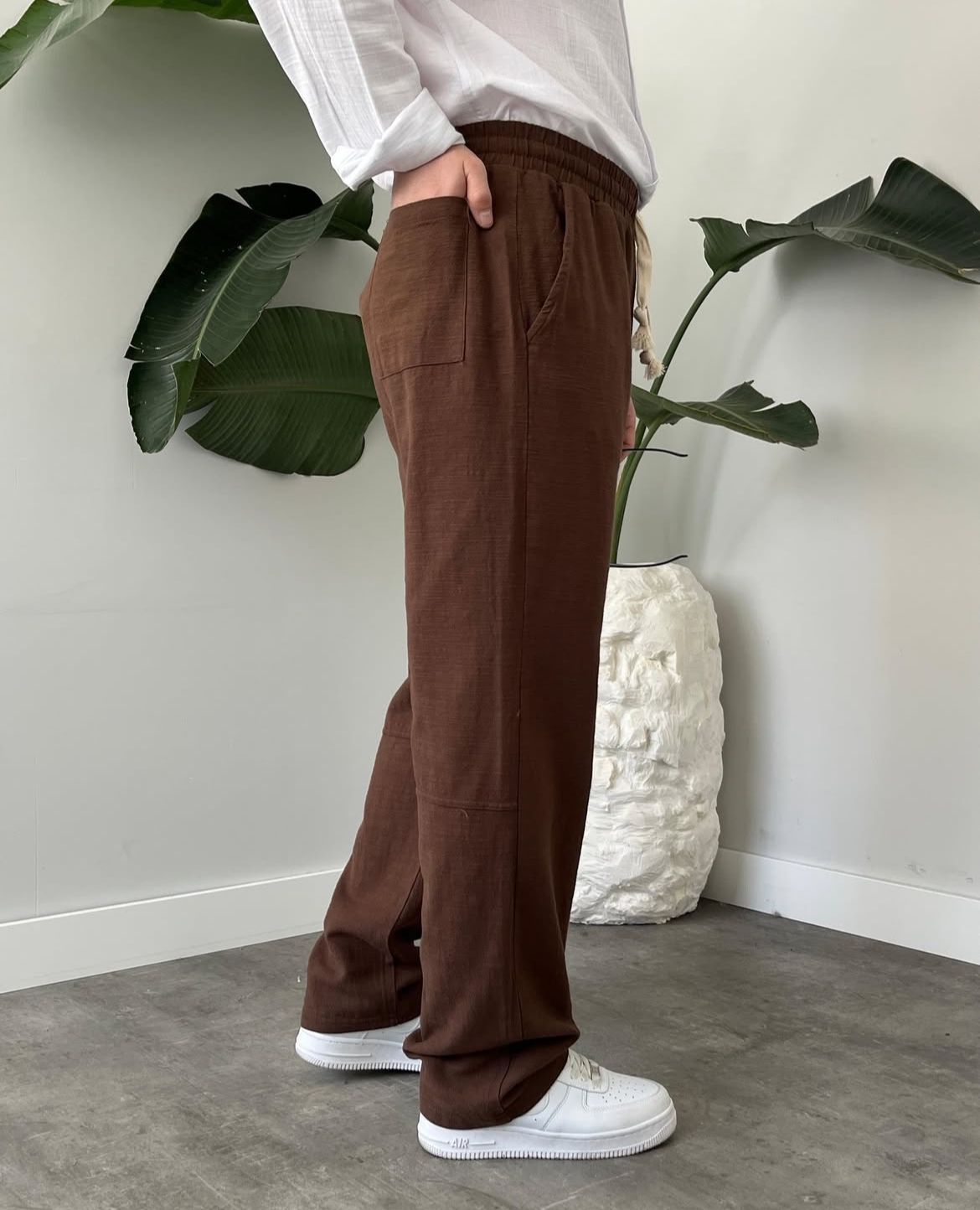 Baggy Fit Açık Bej Keten Pantolon