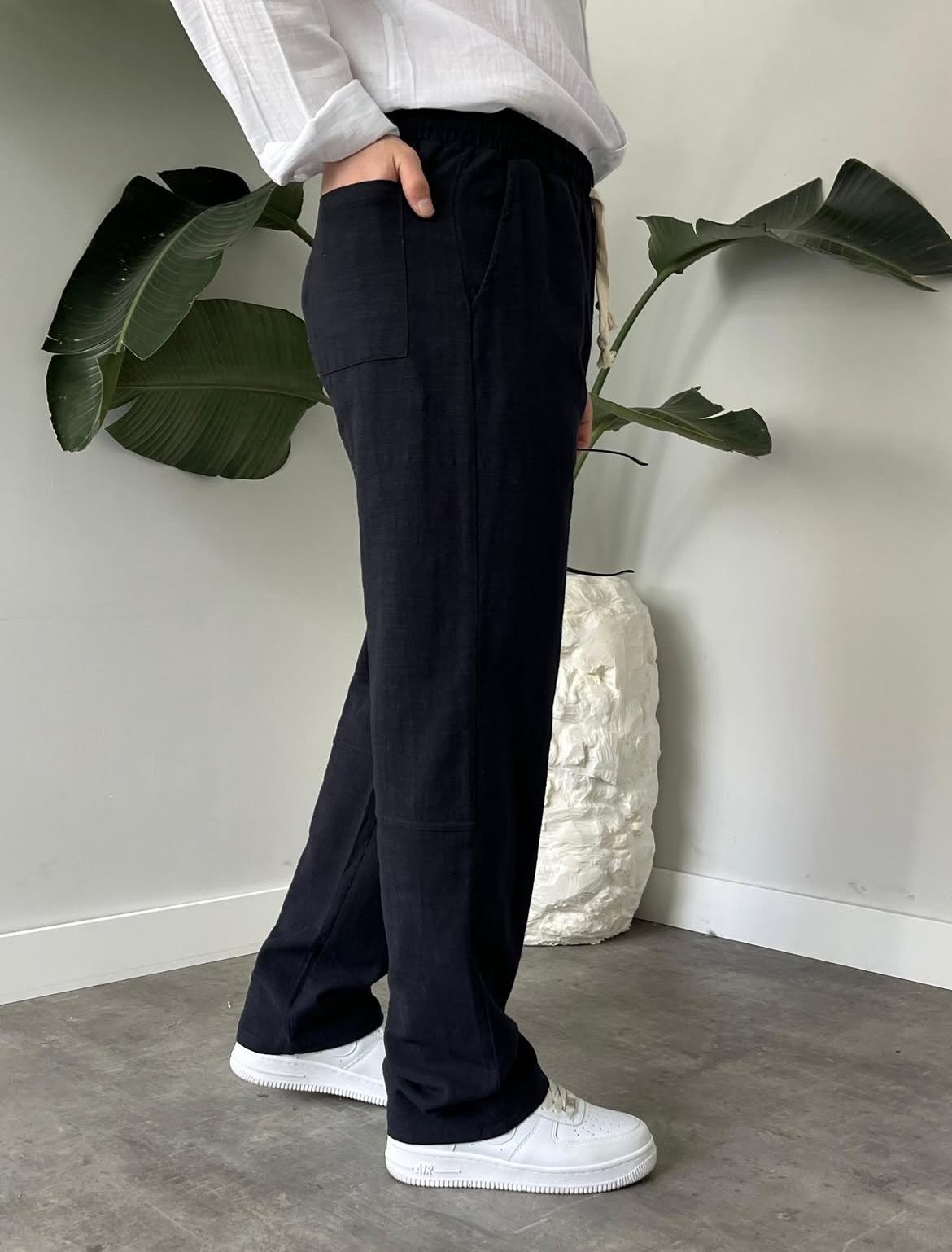 Baggy Fit Açık Bej Keten Pantolon