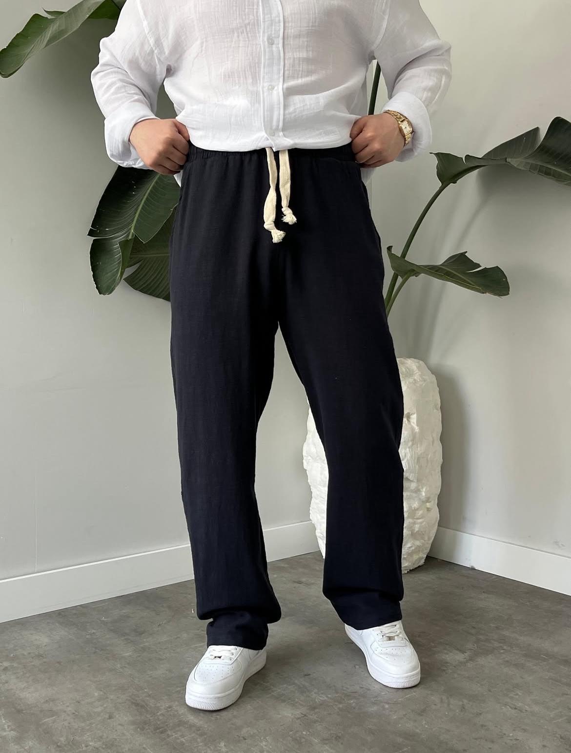 Baggy Fit Açık Bej Keten Pantolon