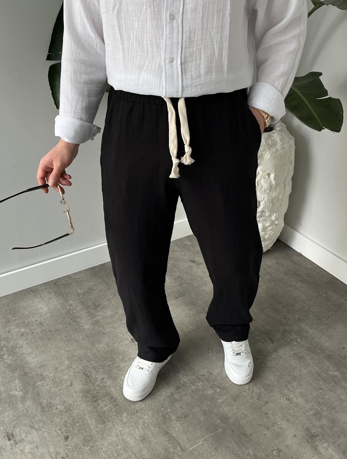 Baggy Fit Açık Bej Keten Pantolon