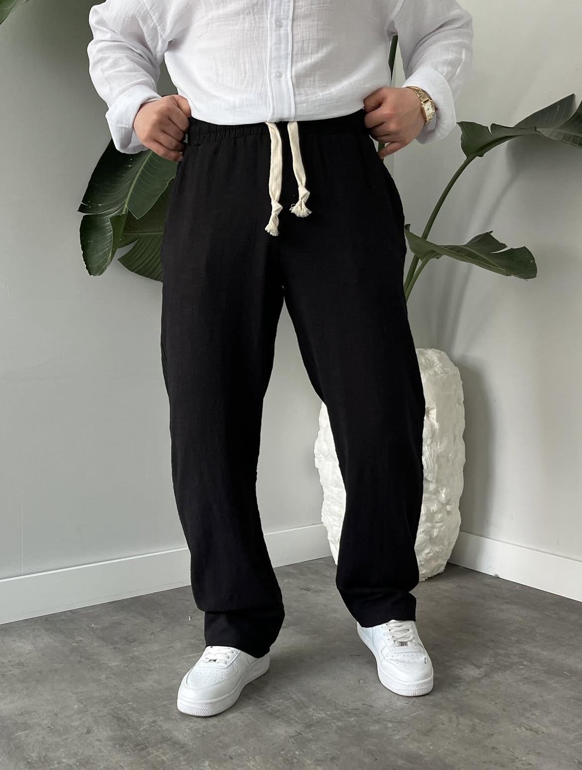 Baggy Fit Açık Bej Keten Pantolon