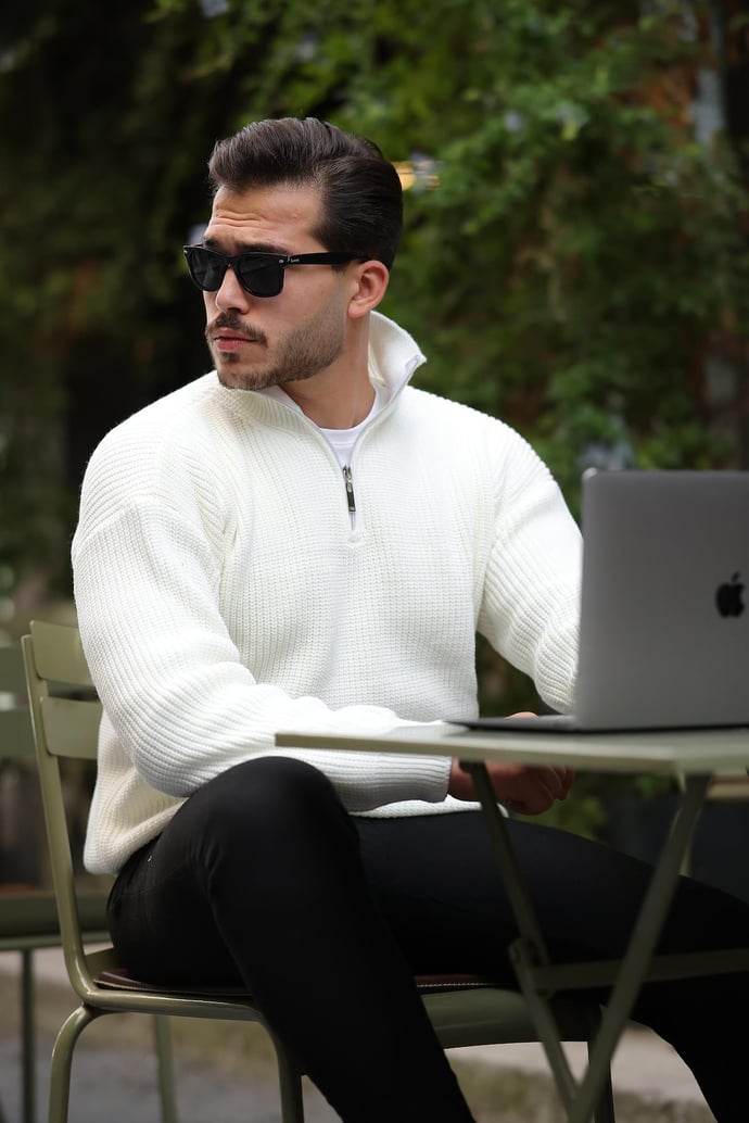 Kazak Oversize Selanik Örgü Yarım Fermuar Erkek Triko Kazak