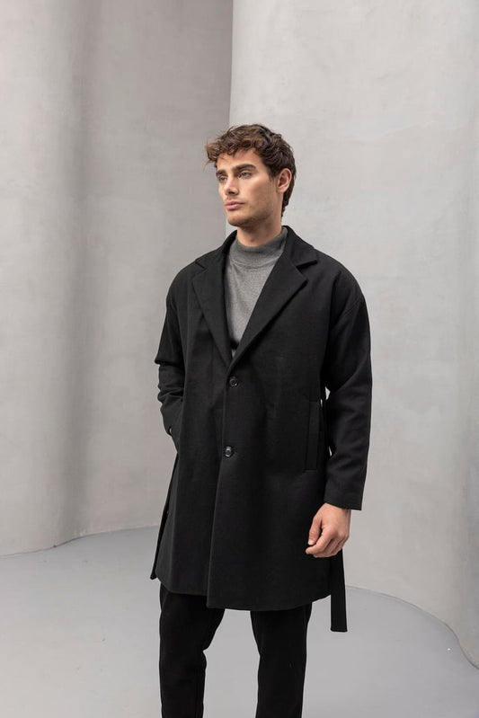 Carlo Oversize Kaşe Kumaş Yan Cepli Kışlık Erkek Kaban - Siyah