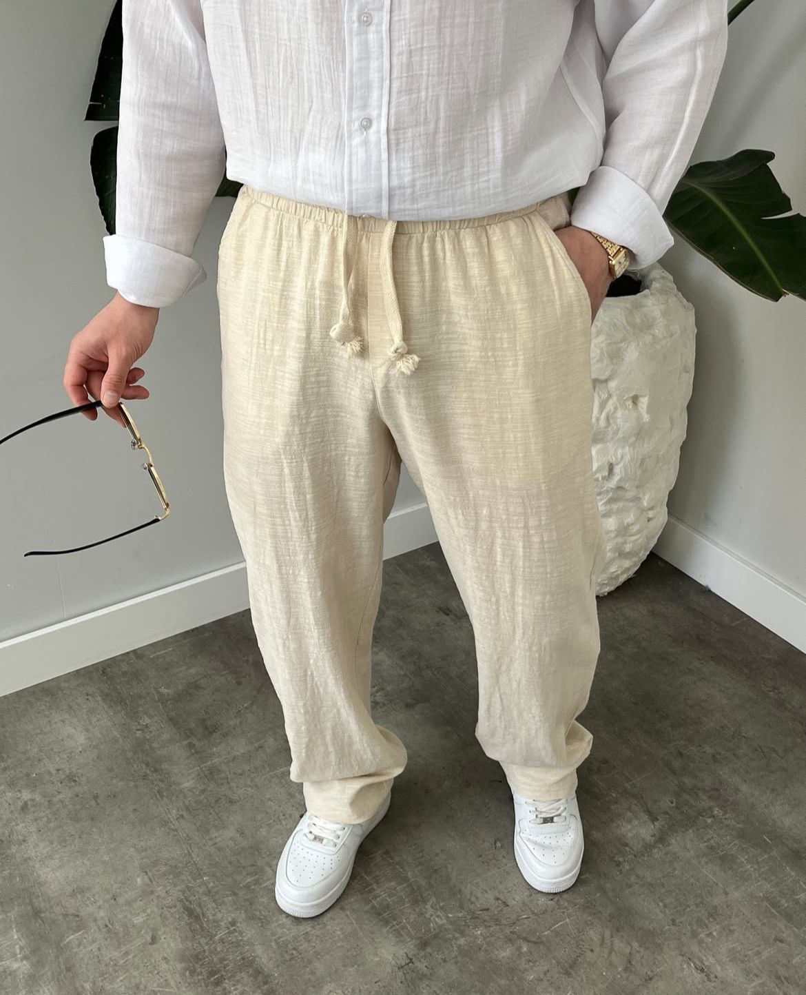 Baggy Fit Açık Bej Keten Pantolon