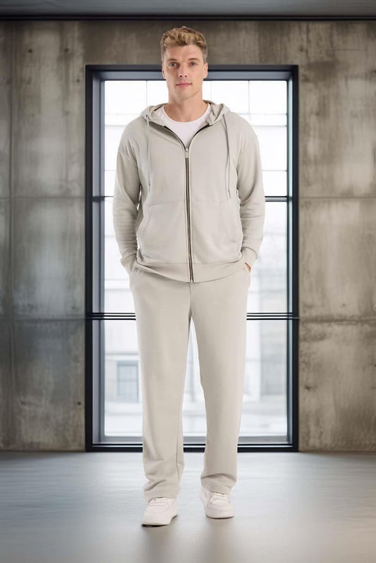 Regular Kalıp Diagonal 3 İplik Fermuarlı Kapüşonlu Erkek Sweatshirt - Mineral Gri