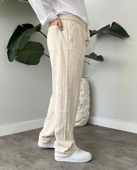 Baggy Fit Açık Bej Keten Pantolon