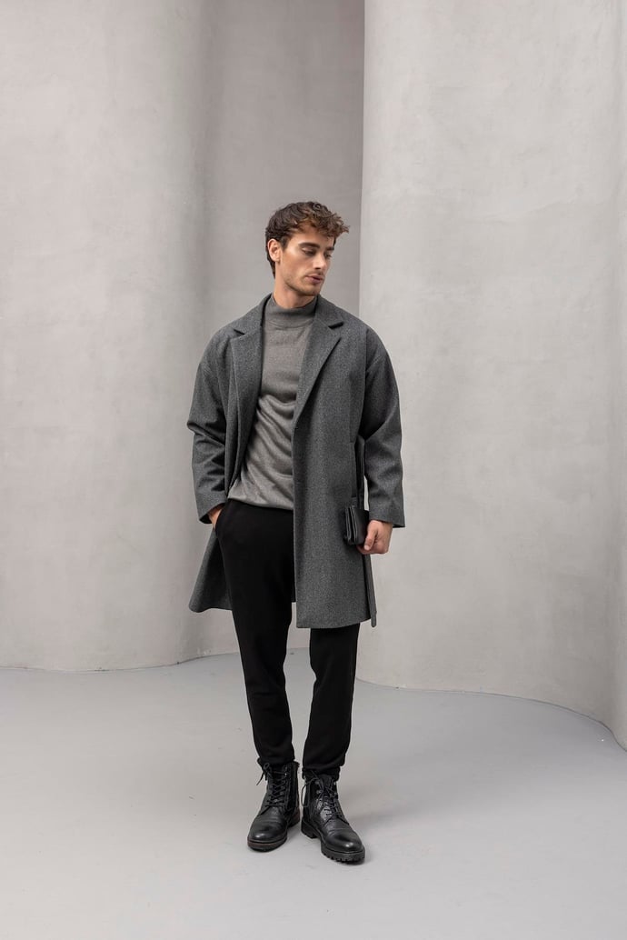 Carlo Oversize Kaşe Kumaş Yan Cepli Kışlık Erkek Kaban - Siyah