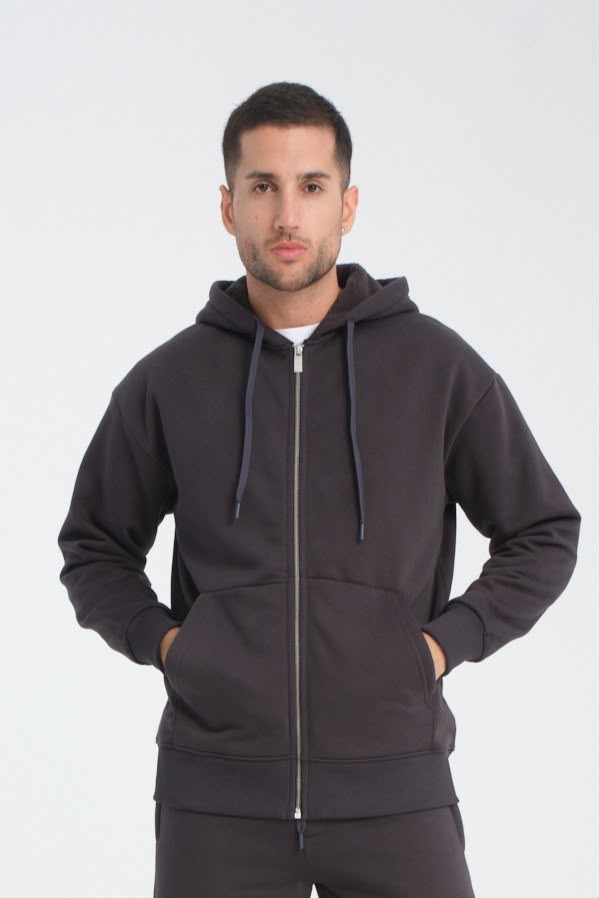 Üç İplik Kapsonlu Fermuarlı Cepli Sweatshirt