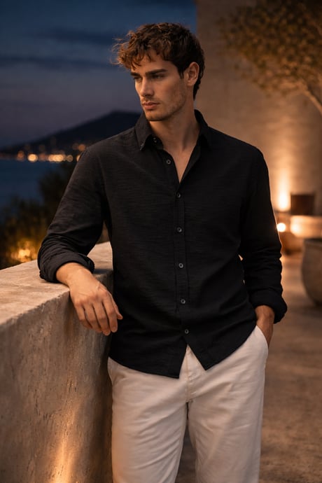 Pera Kumaş Keten  Yarım Oversize Uzun kollu Erkek Gömlek -