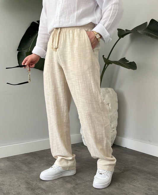 Baggy Fit Açık Bej Keten Pantolon