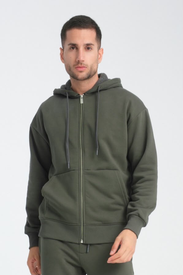 Üç İplik Kapsonlu Fermuarlı Cepli Sweatshirt