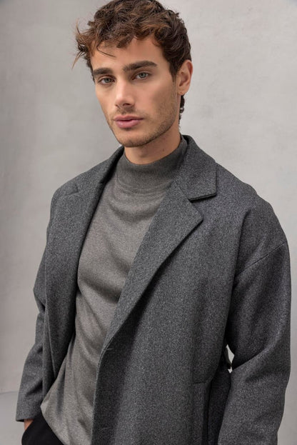 Carlo Oversize Kaşe Kumaş Yan Cepli Kışlık Erkek Kaban - Siyah