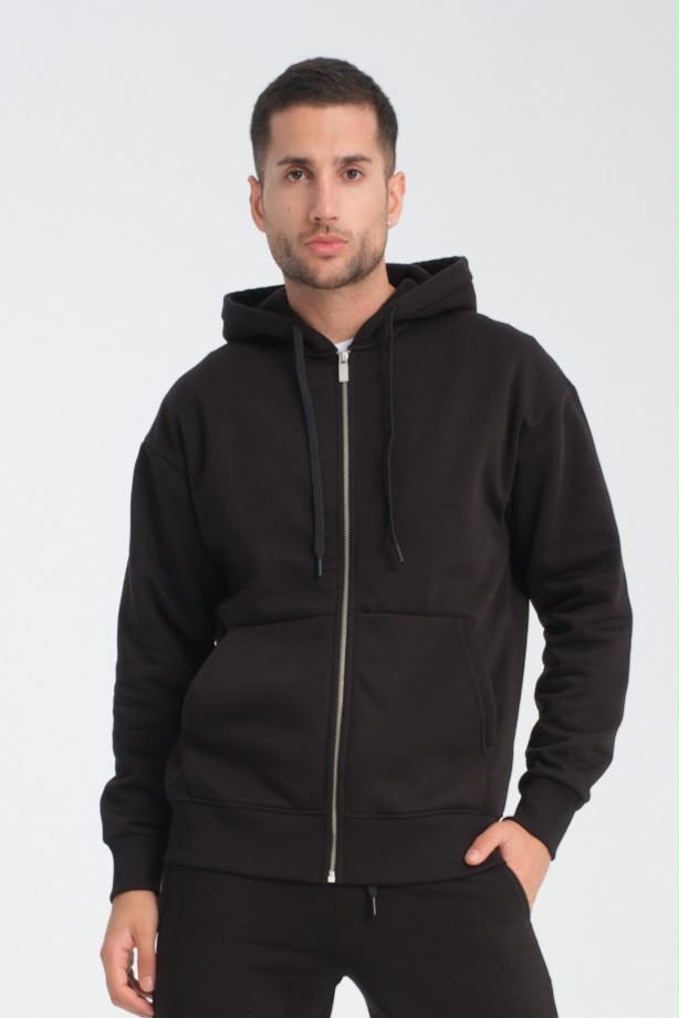 Üç İplik Kapsonlu Fermuarlı Cepli Sweatshirt