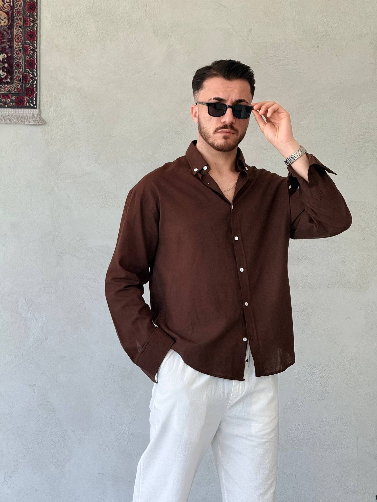 YIKAMALI OVERSİZE KETEN GÖMLEK
