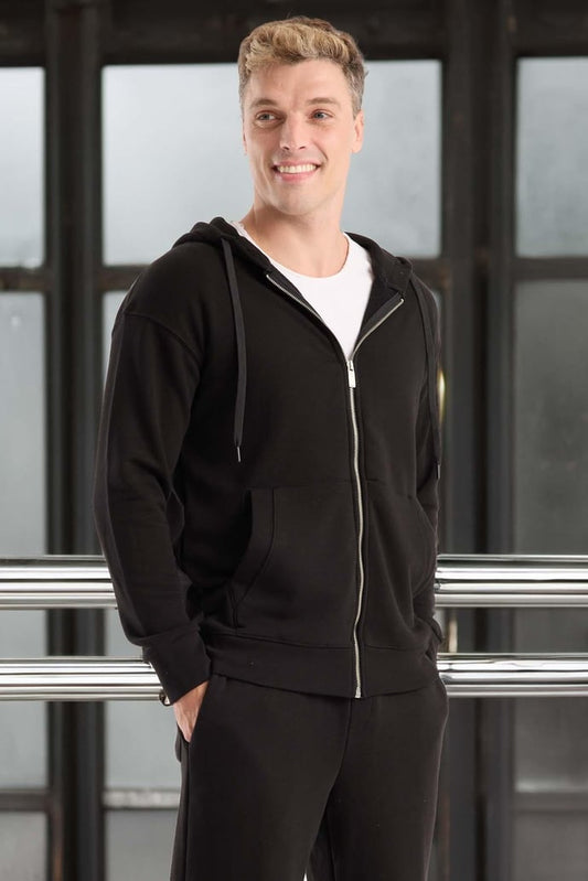 Regular Kalıp Diagonal 3 İplik Fermuarlı Kapüşonlu Erkek Sweatshirt - Siyah