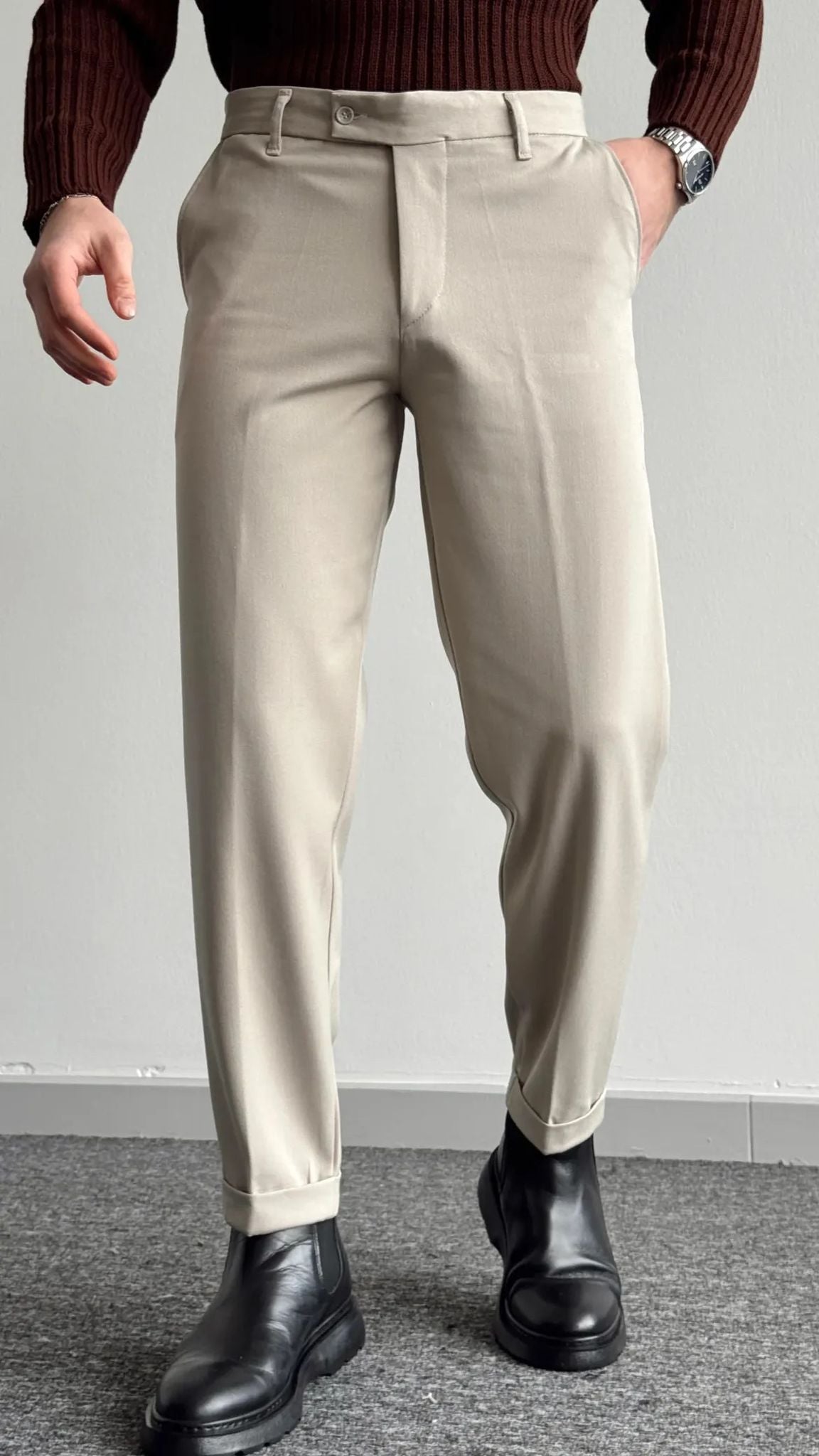 DİL DETAYLI DUBLE PAÇA KUMAŞ PANTOLON