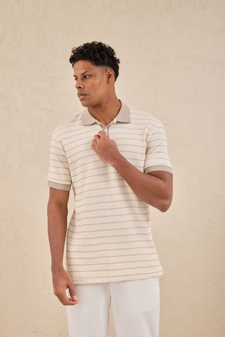 Relax Fit Örgü Çizgili Damla Pike Kumaş Tshirt