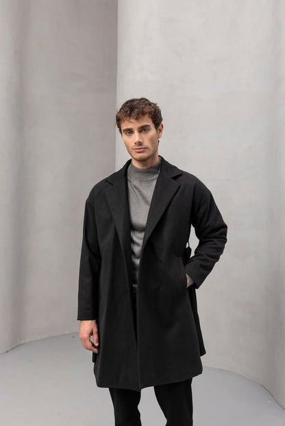 Carlo Oversize Kaşe Kumaş Yan Cepli Kışlık Erkek Kaban - Siyah