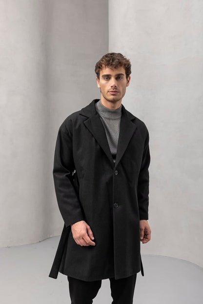 Carlo Oversize Kaşe Kumaş Yan Cepli Kışlık Erkek Kaban - Siyah