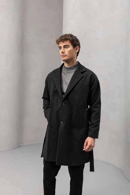 Carlo Oversize Kaşe Kumaş Yan Cepli Kışlık Erkek Kaban - Siyah