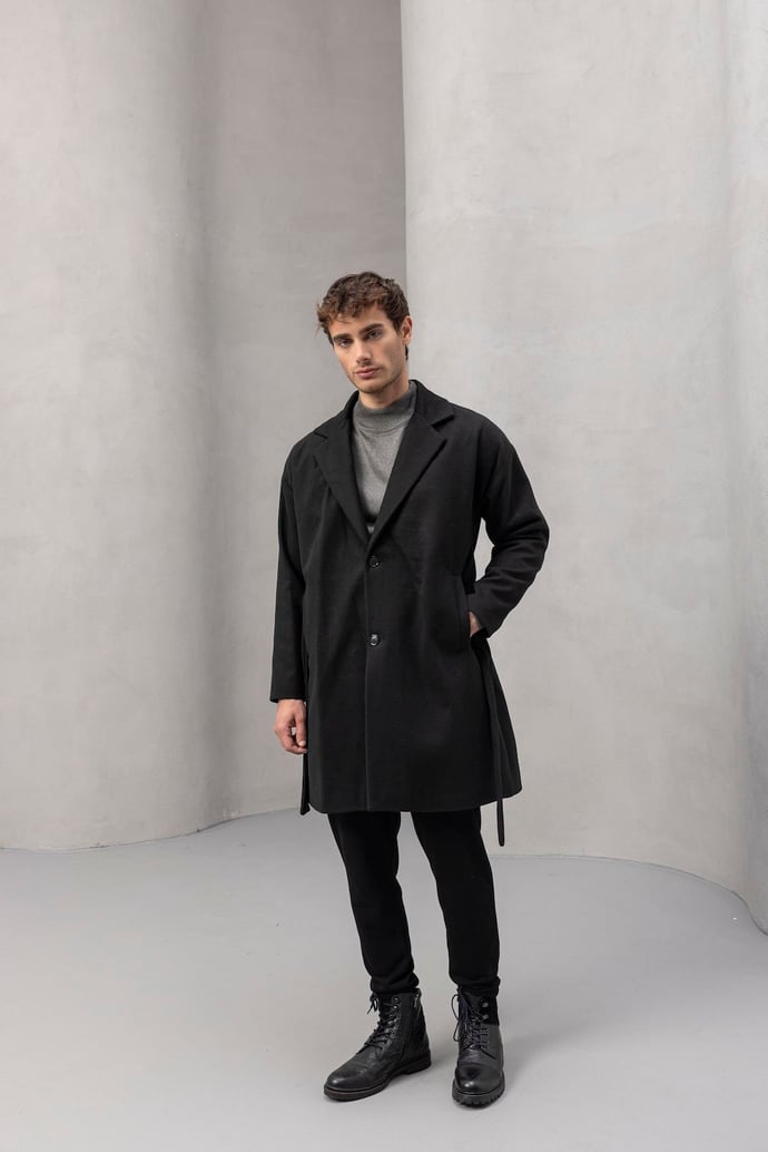 Carlo Oversize Kaşe Kumaş Yan Cepli Kışlık Erkek Kaban - Siyah