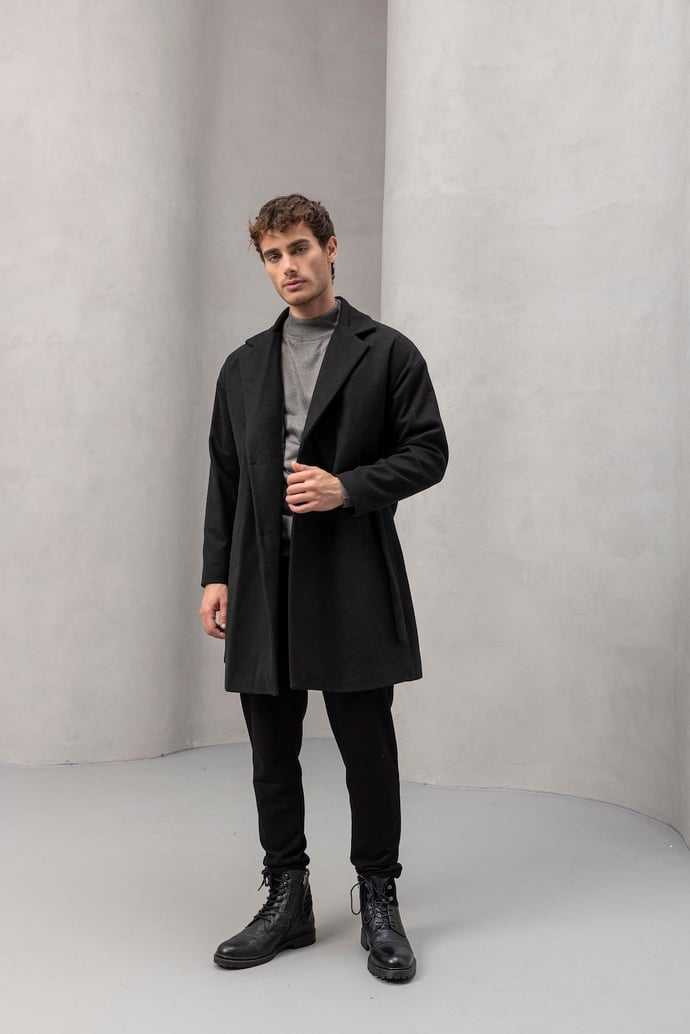 Carlo Oversize Kaşe Kumaş Yan Cepli Kışlık Erkek Kaban - Siyah